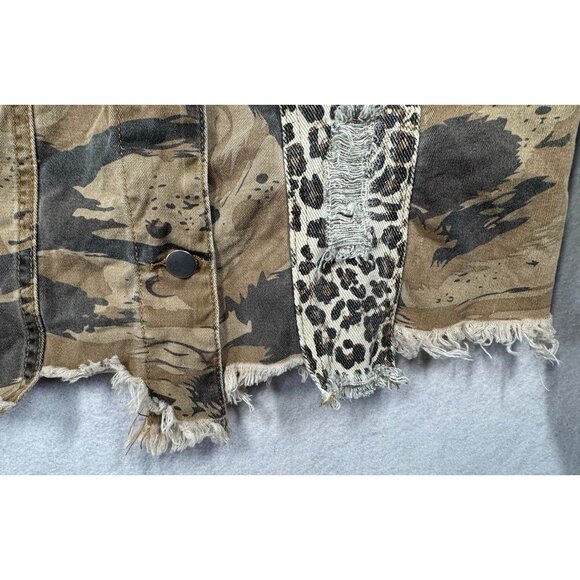 POL Denim Jacket Camo and Leopard Print Tan Brown Boho Gypsy Trendy Womens Small - Picture 6 of 8